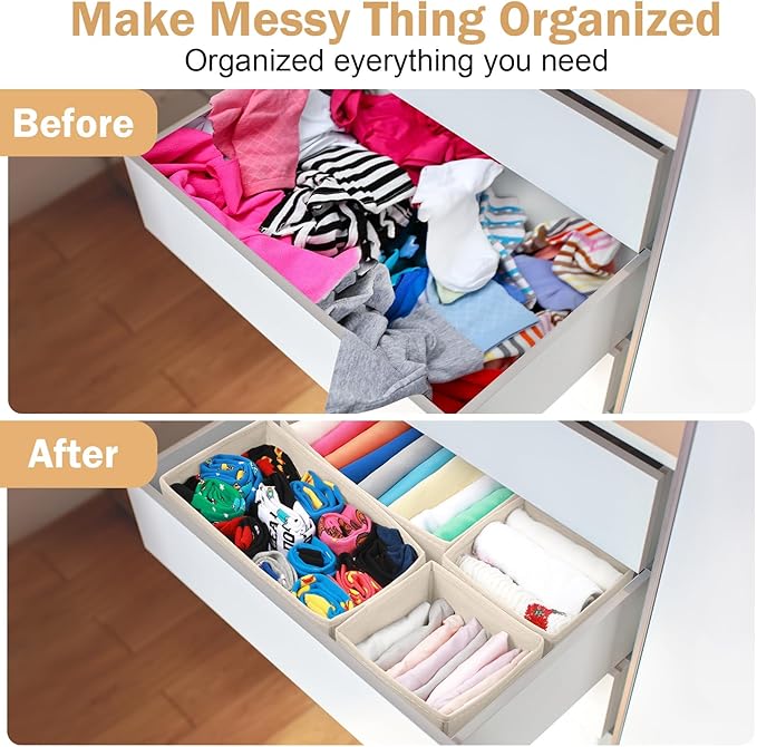 24 Set Fabric Dresser Drawer Organizer Bins Dividers for Clothes – Nursery Home Bins Fabric Foldable Closet Clothing Wardrobe Storage Box Container Basket for Bras Socks Underwear(Beige)
