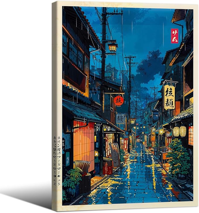 Japanese Tokyo Tea House Framed Canvas Wall Art Japanese City Street Cafe Scene Picture Print Modern Ukiyo-e Decor Poster for Japanese Home Bedroom Decorations Artwork24x36in