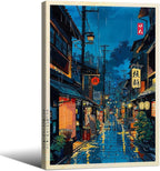 Japanese Tokyo Tea House Framed Canvas Wall Art Japanese City Street Cafe Scene Picture Print Modern Ukiyo-e Decor Poster for Japanese Home Bedroom Decorations Artwork24x36in