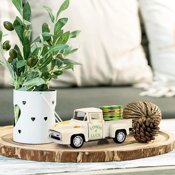 St. Patrick's Day Mini Metal Truck with Plastic Coin Vintage Diecast Pickup Tiered Tray Decor Rustic Farmhouse Shamrock Ornament Truck for St Patrick Home Shelf Table Tiered Tray Decorations