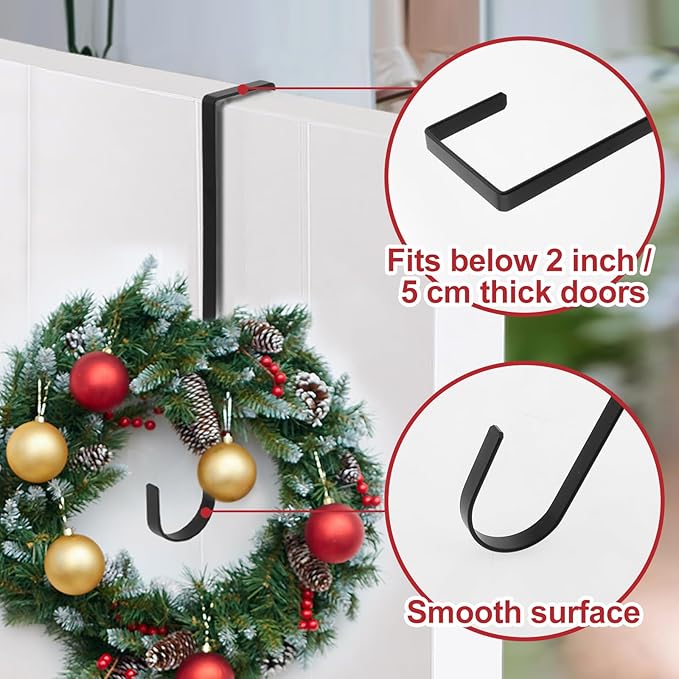12 in Wreath Hanger for Front Door 2 Pack Black Wreath Hangers Over The Door Wreaths Hanger Hook Christmas Wreaths Holder Hook Halloween Home Decorations Hanging Clothes Bag Narrow