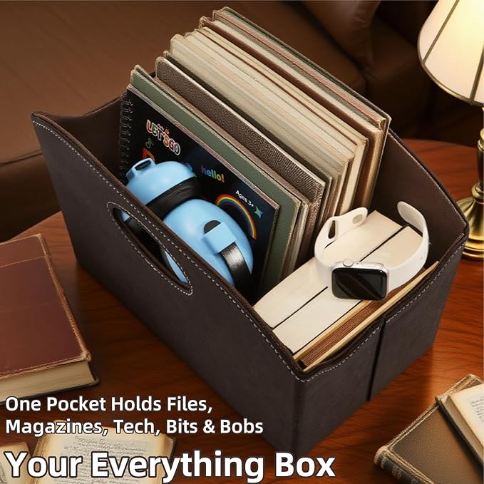 WRINGKIT Leather Magazine File Holder, Foldable Magazine Basket with Handles, Stable Brown Magazines Rack Floor, Document File Folder Organizer Box, Books Newspaper Storage Bin for Office Home School