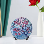 Stained Glass Theme Decorative Ceramic Plate Round Porcelain Plate,10 inch,Cherry Tree Pattern,for Decorative Ornaments Giving Plates, 1 Plate with 1 Display Stand,Blue Pink