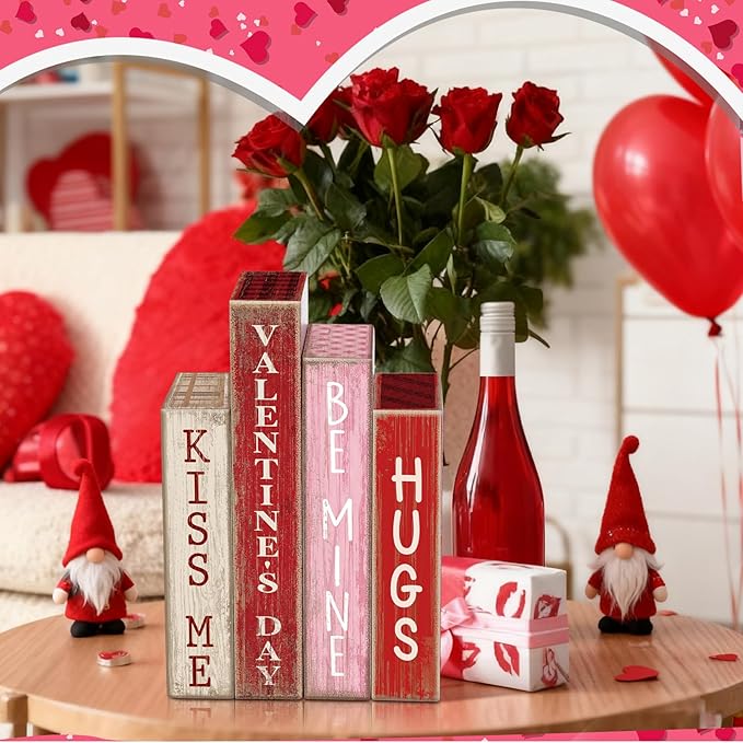 Lineshading 4 Pcs Valentines Day Decoration Wooden Book Valentine's Day Table Decoration Pink Red and White Valentines Tiered Tray Decor Wood Book Sign Farmhouse for Wedding Home Shelf Coffee Table