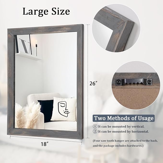 AAZZKANG Wooden Mirror Rectangle Rustic Mirrors for Wall Decorative for Bedroom Bathroom Living Room Entryway Hanging Home Decor 26"x18"