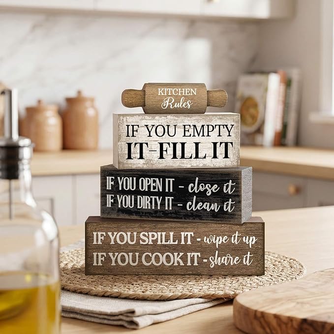Moucuny 4 Pcs Rustic Wooden Table Decor Farmhouse Kitchen Rules Wood Sign Black Brown and White Centerpiece Rolling Pin Block Sign for Home Living Room Dining Room Shelf Table Decor