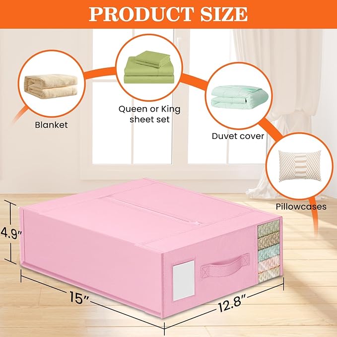 WOWBOX Sheet Organizers and Storage,Closet Bed Sheet Organizer Under Bed Storage and Organization with Label Cards & Clear Window for Bedding Sheets,Duvet Covers,Blankets (8 Pack，Pink)