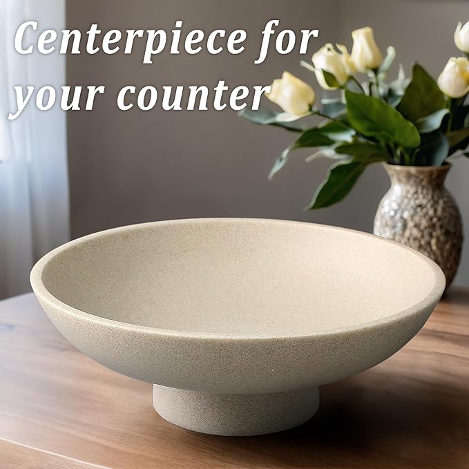 LIN CHUAN Modern Resin Pedestal Bowl – Large Fruit Bowl for Kitchen Counter, Catch All Bowl for Entryway Table, Stylish Key Bowl & Dining Centerpiece, Beige