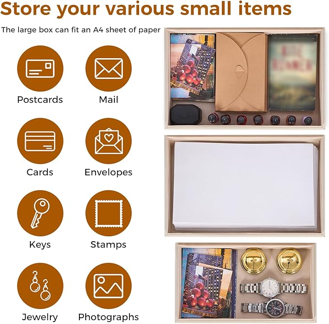 Decorative Box, Decorative Boxes with Lids 2-Set, Memory Box for Keepsakes, Beautiful PU Leather Decorative Storage Boxes in Style, Decor Box with Rose Metal Handle, Store Photos, Documents Beige
