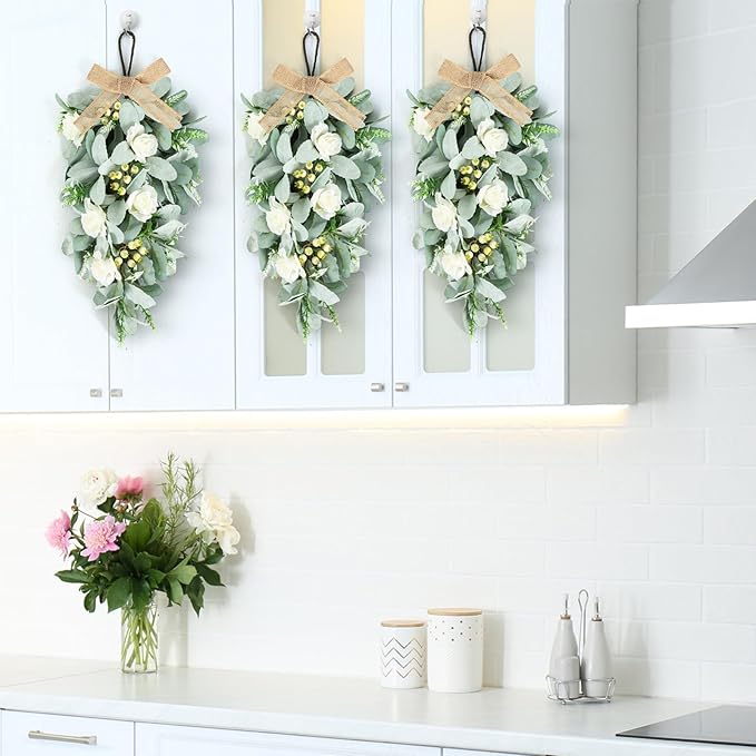 2 Pcs 24" Artificial White Rose Teardrop Wreaths Swag Spring Summer Flower Berries Swags Wreath White Floral Hanging Wreaths for Kitchen Cabinet Doors Window Wall Wedding Party Home Decor