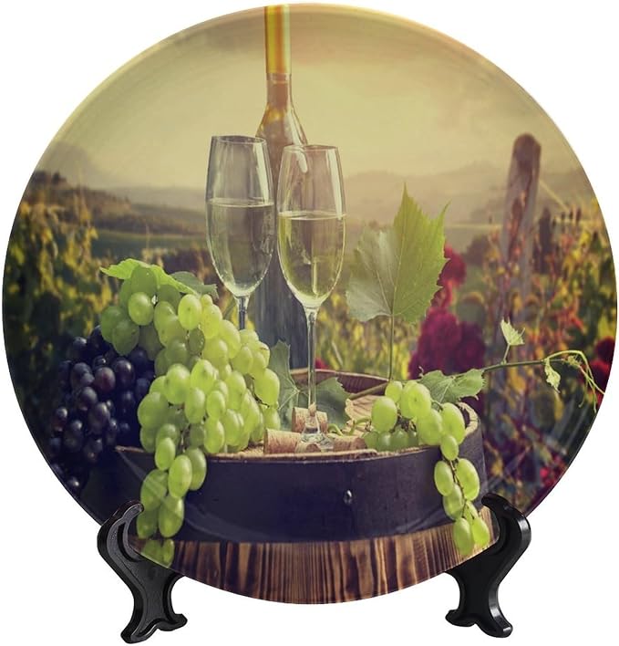 Decorative Plate Holder, 10 Inch, Green Grapes Wine Bottle Glass Cups Round Display Plate, Table Top Plate Decor with Stand, for Home Kitchen Bedroom Decorative Ornaments
