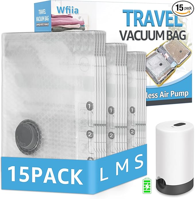 15 Packs Vacuum Bags for Travel with Rechargeable Pump, 3 Sizes Vacuum Seal Bags for Clothing, Compression Vacuum Travel Bags for Luggage, Vacuum Packing Bags for Closet Organization