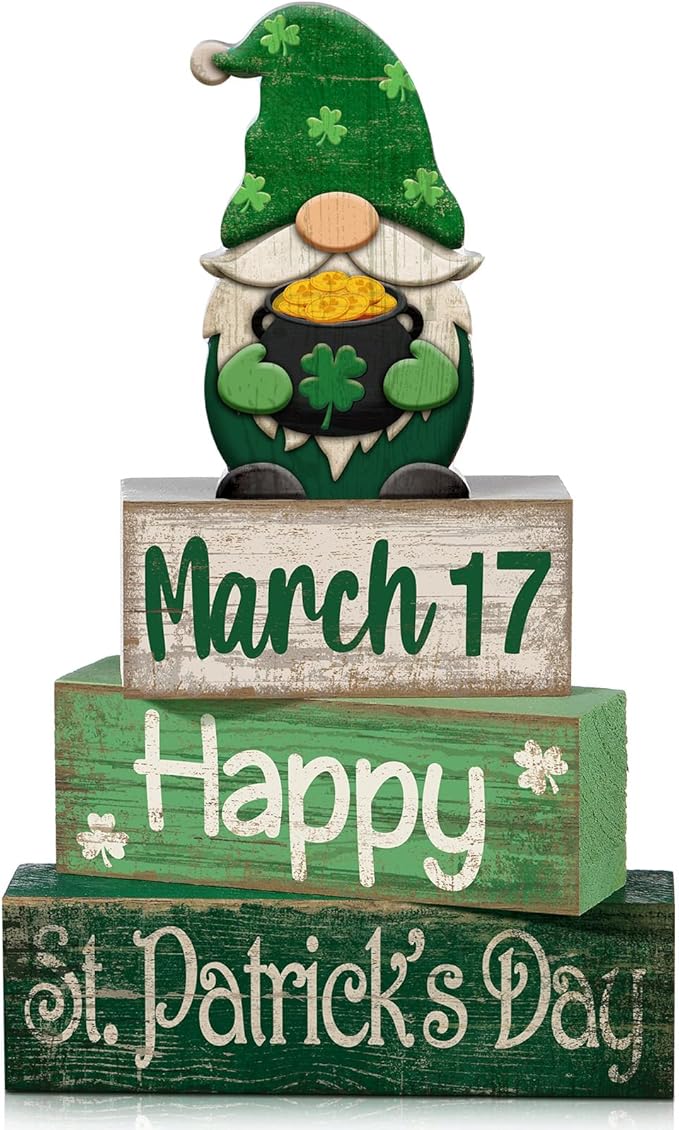 Lineshading 4 Pcs St Patricks Day Table Decoration Wooden St Patrick's Day Gnomes Tiered Tray Decor Irish Centerpiece Green Lucky Gnomes Block Signs Gifts for Saint Patty's Party Home Kitchen