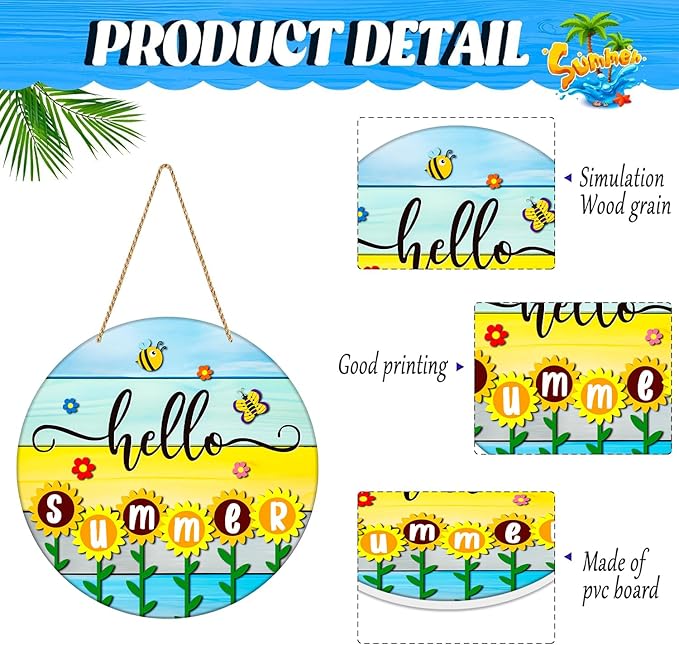JUESMOS Hello Summer Door Decorations 11.5" Round Sunflowers Welcome Sign for Front Door Decor Farmhouse Hello Summer Hanger Sign for Porch Wreaths Home Office Wall Decorations