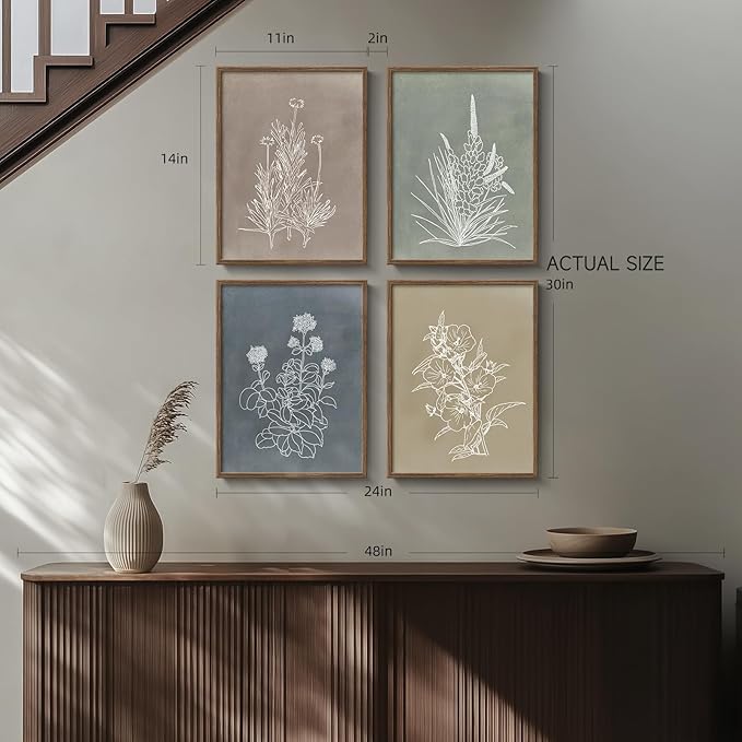 Boho Framed Botanical Wall Art for Bedroom, 4 Piece Vintage Neutral Floral Canvas Painting Prints for Modern Farmhouse, Minimalist Rustic Flower Pictures for Living Room Kitchen Dining Room Home Decor