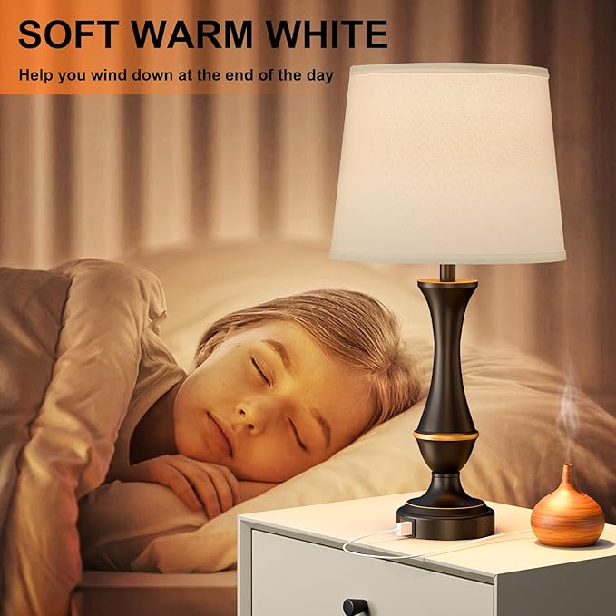 Seealle Upgraded Touch Lamps for Bedrooms Set of 2 - Nightstand Table Lamp with USB C+A, 3 Way Dimmable Lamps for Living Room, Office(White)