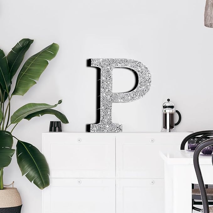 Qunclay 5.7" Silver Crystal Diamond Bling Letters Crushed Diamond Decoration Wooden Glitter Letter with Screw and Hooks Rhinestone Gift for Wedding Y2k Mcbling Bedroom Wall Decor (Letter P)