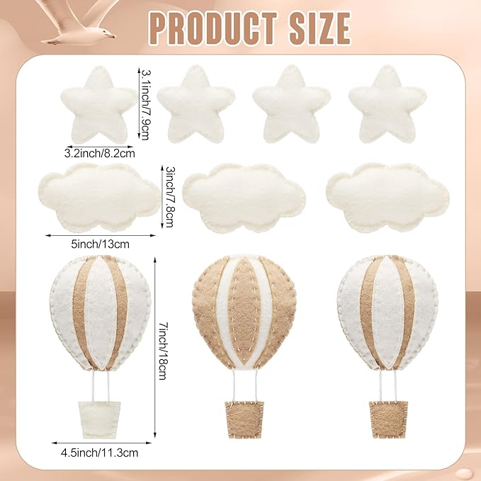 Poen 10 Pcs Star Hot Air Balloon and Cloud Nursery Decor Western Wall Decor for Bedroom Mini Felt Clouds Stars Hot Air Balloon Nursery Felt Wall for Kids Baby Bedroom(Khaki)