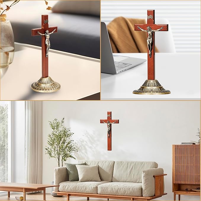 ACHIBANG 12" Crucifix Wall Cross with Stand – Catholic Wooden Standing and Hanging Jesus Cross with INRI for Home or Prayer Room