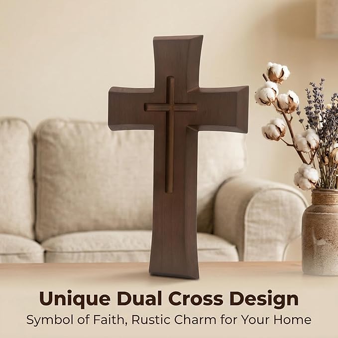 YOYAI Wooden Cross Wall Decor, Handcrafted Christian Cross 9.96”, Solid Wood Religious Wall Hanging, Faith Home Decor for Prayer Room, Baptism Gift, Easter & Christmas