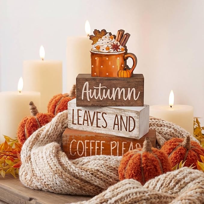 Lineshading 4 Pcs Fall Decorations for Home Wooden Hot Cocoa Coffee Block Sign Thanksgiving Tiered Tray Decor Thanksgiving Centerpiece Rustic Fall Table Decor for Autumn Harvest Party Home Kitchen