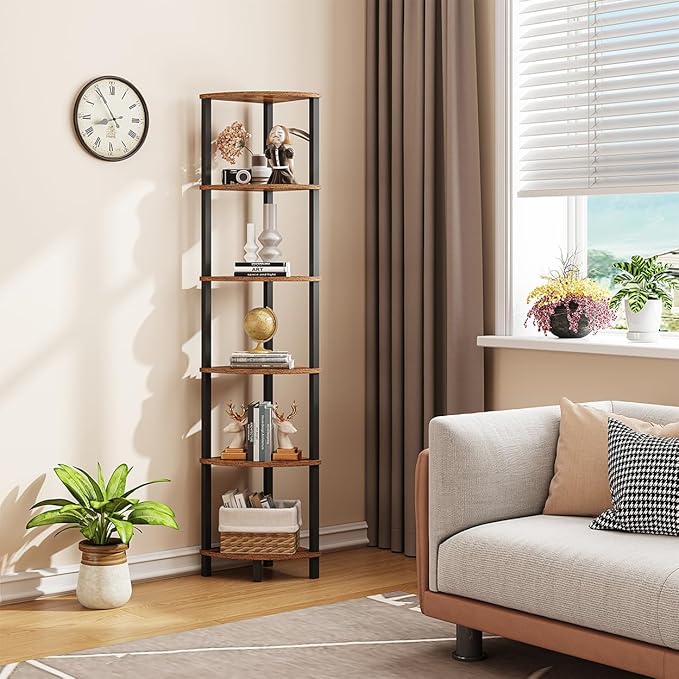 VIMBER Corner Shelf, 6-Tier Corner Bookshelf, Industrial Corner Ladder Shelf, DIY Storage Shelves, Rustic Display Shelf for Living Room, Bedroom, Kitchen, Home Office, Rustic Brown and Black UJSJ004F