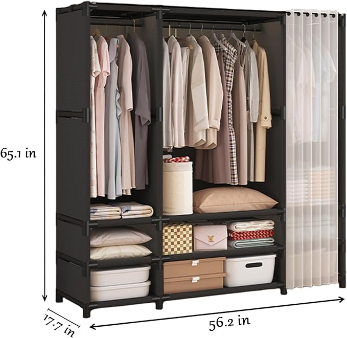 Portable Closet,Portable Closets for Hanging Clothes,Japanese Style Wardrobe with 3 Hanging Rods,9 Storage Shelves,56.2" L x 17.7" W x 65.1" H,Black