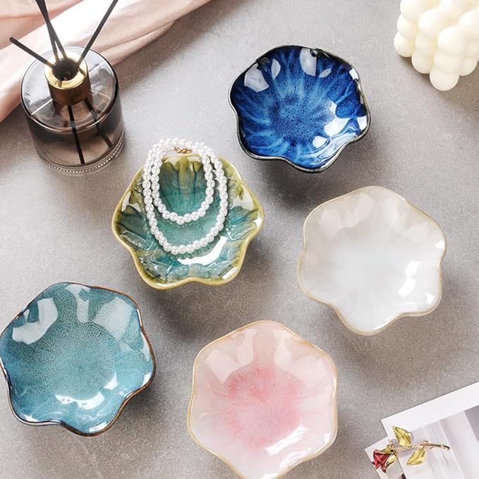 Lotus Leaf Shape Ring Holder Dish, Small Key Bowl, Ceramic Trinket Tray Jewelry Dish Organizing Necklace Earrings for Mom Friend Sister. All Jewelries Are NOT Included. Light Blue.
