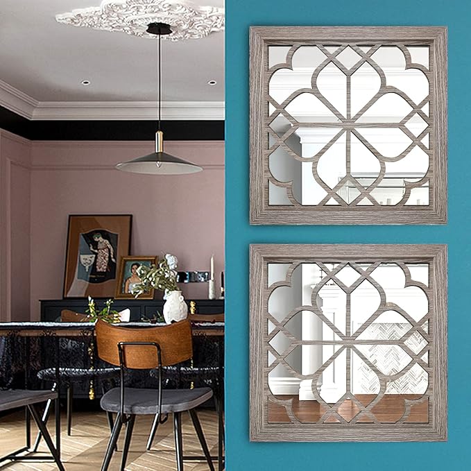 Wocred Set of 4 Mirrors Square Wall Mirror,Gorgeous Rustic Farmhouse Accent Mirror,Barn Wood Color Entry Mirror for Bathroom Renovation,Bedrooms,Living Rooms and More(12”x12”-4pcs)