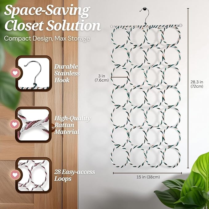 Flexzion Scarf Organizer for Closet - 28 Slot Scarf Hanger Hijab Organizer, Space Saver for Socks, Shawls, Ties, Towels, Belts, Multi Purpose Hanging Rack Storage, 2 Pack Colors May Vary