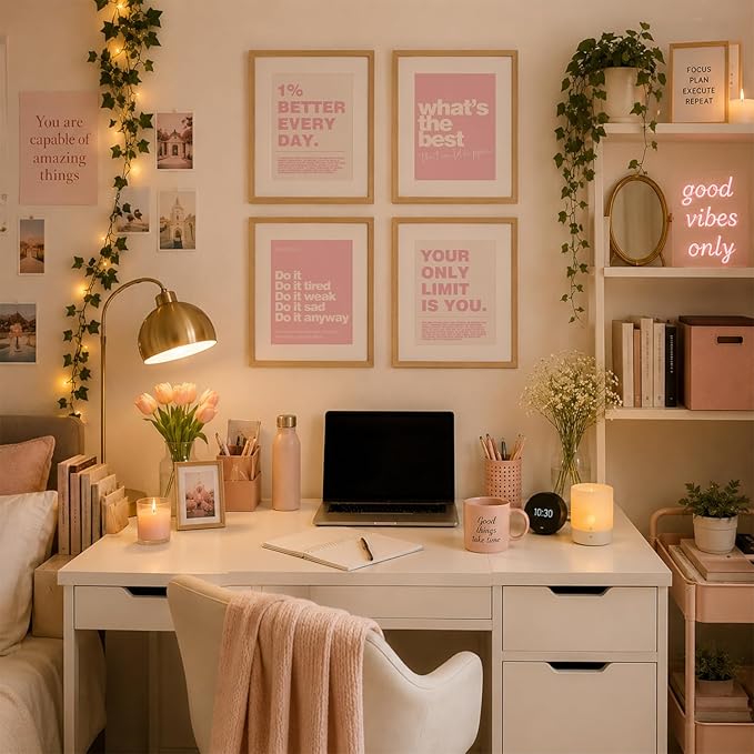 DSHFG Motivational Inspirational Office Wall Art Decor Prints Set of 4, Pink Motivational Wall Decor Trendy Retro Posters for Office Home Decor, 8x10 Unframed