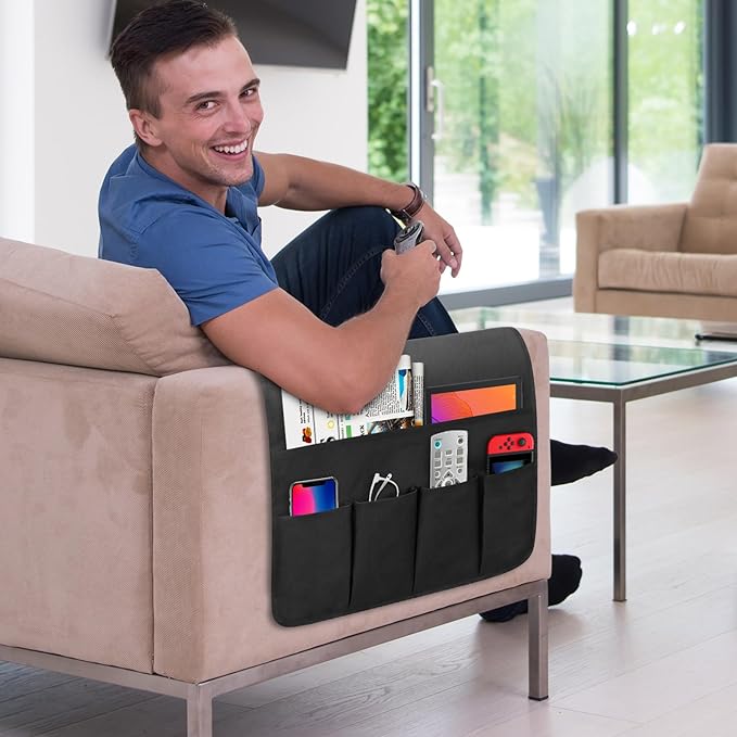 Non-slip Couch Organizer Armchair Caddy, Oxford TV Remote Control Holder Bedside Caddy with 5 Pockets for Key Glasses Phone Magazine Holders.