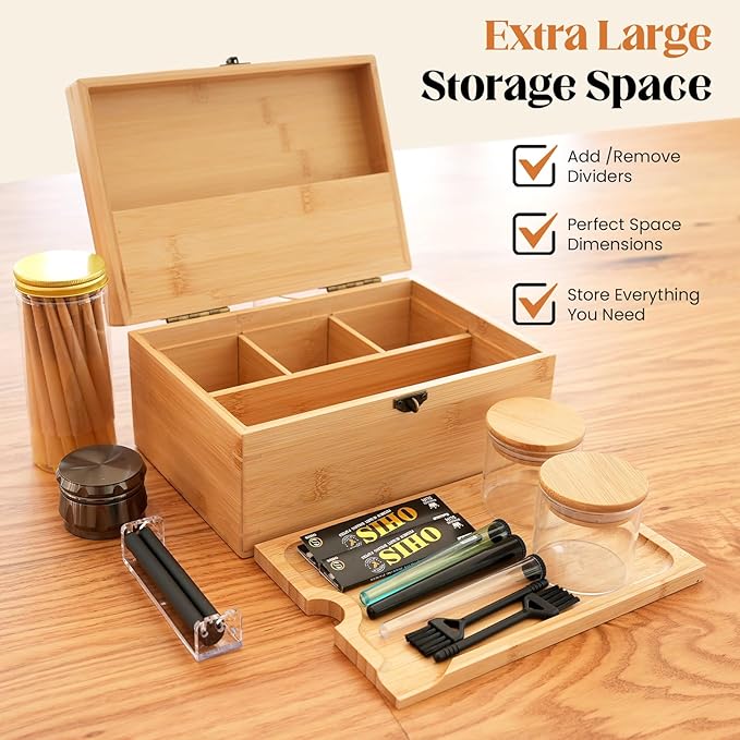 Large Bamboo Storage Box with Removable Tray Kit - Decorative Box Set, Glass Jars, and Accessories Wooden Storage Kit and Accessories Tool.Birthday Gifts