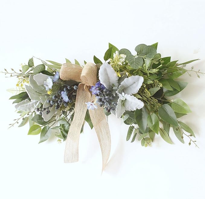 DEDEMCO Spring Floral Swag Wreath for Front Door 25.5 Inch,Eucalyptus Greenery Flower Swag with Silk Bow and Blue Berries,Wedding Arch Flower Swag for Home Table Centerpieces