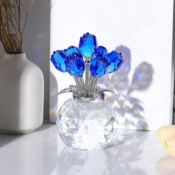 Arikyrist Crystal Blue Rose Bouquet Figurine with Round Vase, Glass Rose Flower Romantic Gifts for Women Sister on Birthday, Collectible Decoration Table Centerpiece for Home