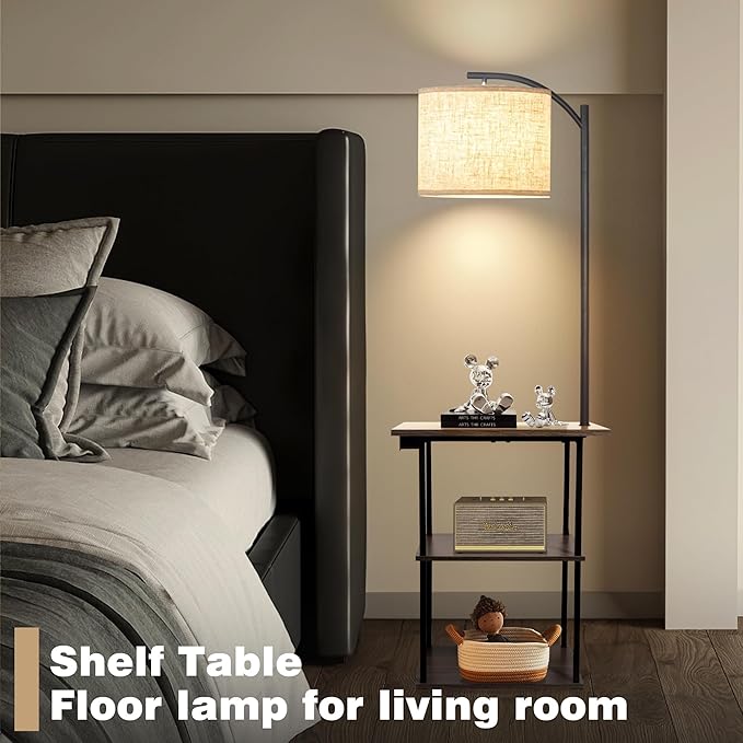 PESRAE Floor Lamp with Table,Lamps for Nightstand with Charging Station(USB & Type-C & AC Port), 3 Color Temperatures 9W LED Bulb, Modern Shelves Side Table for Bedroom, Office