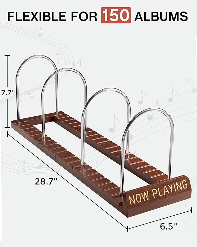 BS-VOG Now Playing Vinyl Record Stand, 150 LP Vinyl Record Storage with Non-slip Grooves, Wood Now Spinning Vinyl Record Holder for Albums Magazine Rack Organizer Record Display, Gift Package