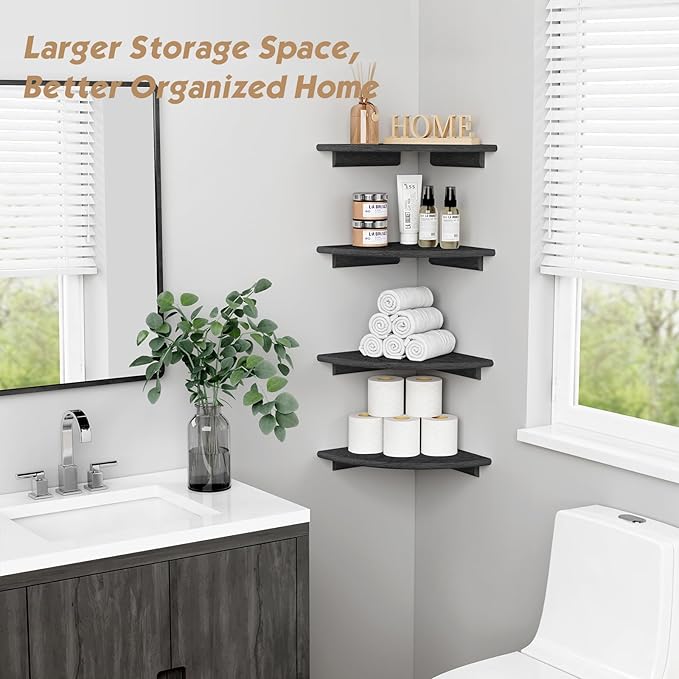 Forbena Black Floating Corner Bookshelf for Wall Set of 4, Large Corner Plant Shelves for Living Room, Rustic Rounded Hanging Bookshelves Wall Mounted for Bedroom Books, Kitchen, Closet, Office