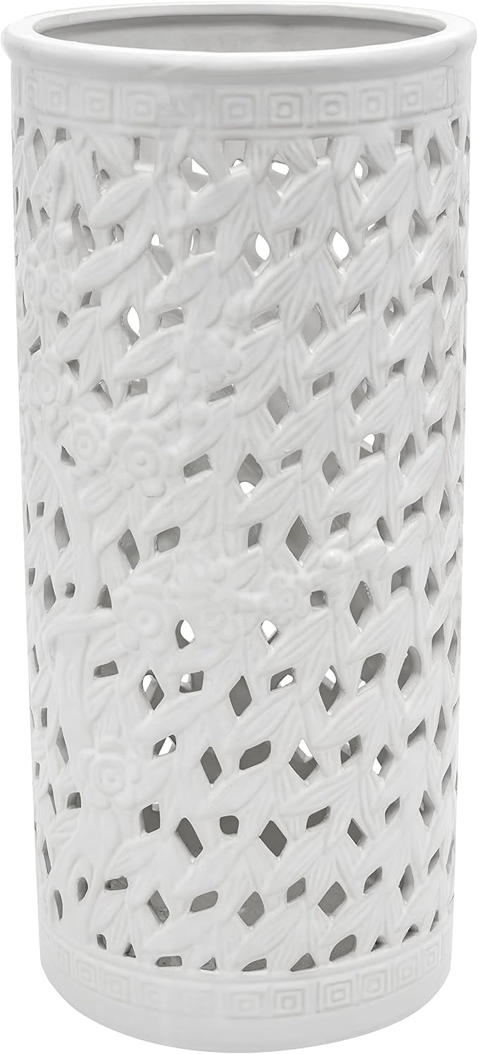 Red Lantern 20" Bamboo Lattice White Porcelain Umbrella Stand