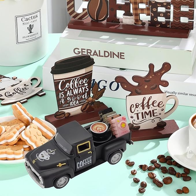 Coffee Bar Decor Vintage Mini Metal Pickup Truck Decor with Book Accessories for Coffee Station, Farmhouse Tiered Tray Tabletop Decorations for Home Kitchen, Office, Cafe