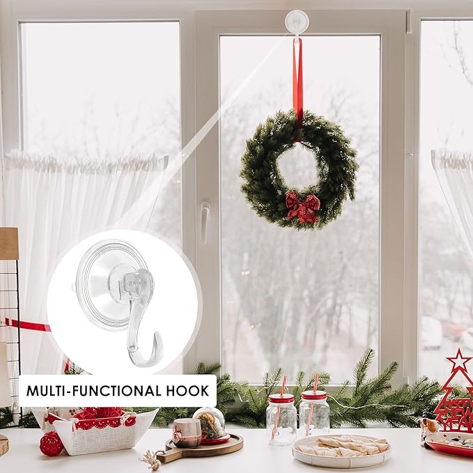 8Pcs Clear Suction Cup Wreath Hanger, 22LB Large Plastic Shower Suction Cup Hooks 2.75" Removable Reusable Waterproof Heavy Duty Wreath Holder for Glass Door Bathroom Kitchen Window Towel Wall Tile