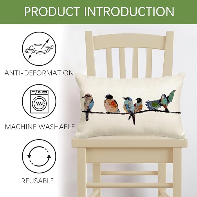 RABUSOFA 12x20 Lumbar Pillow Decorative Throw Pillows,Small Hand-Painted Outdoor Birds Pillowcases,Spring Summer Pillows Decorative Throw Cushion Covers Linen for Couch Sofa Teal Blue