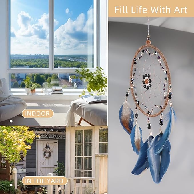 Blue Dream Catcher, Handmade Rattan Large Dreamcatcher Ornaments with Feathers and ABS Beads, Hanging Wall Decoration for Bedroom, Living Room to Have a Good Mood and Sleep (Blue)