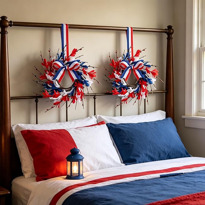 4 PCS Mini 4th of July Patriotic Kitchen Cabinet Wreaths Small Red White and Blue Floral Swag Wreath for Front Door with Forsythia Flowers Independence Day Hanging Wreaths for Memorial Day Porch Wall