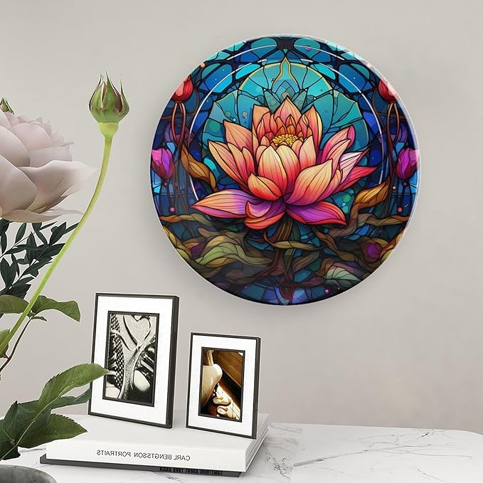 Decorative Plates, Stained Glass Design Gothic Mandala Lotus Ceramic Dinner Plate Home Wobble-Plate with Display Stand, Wall Hanging Decor for Kitchen Household 8 Inch, Gifts for Lotus Lover