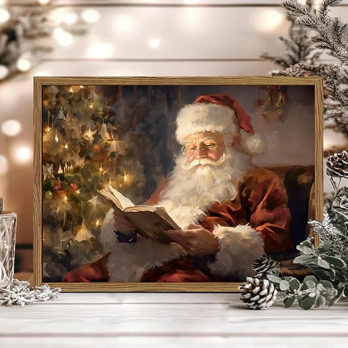 Framed Vintage Christmas Canvas Wall Art, Santa Claus Reading Book Paintings Wall Decor, Rustic Winter Holiday Pictures Prints for Living Room Bedroom Home Decoration 16×24 inch