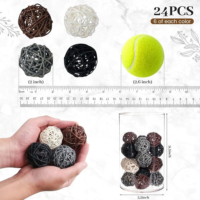 DomeStar 24PCS Brown Decorative Balls for Bowl Centerpiece, 2 Inch Rattan Balls Bowl Fillers Decor - Wicker Twig Orbs Spheres, Wedding Home Vase Table Decor