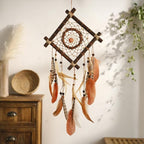 Dream Catcher Native American Boho Dreamcatcher Rattan Wood Wall Decor, Handmade Natural Dream Catchers with Healing Crystal Stone Feathers Ornament Indian Decor for Bedroom Living Room