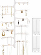 AllHungUp 12-Tier Wall Jewelry Organizer Wall Mounted Jewelry Organizer Necklace Holder Wall Mount Hanging Necklace Organizer Jewelry Hanger Wall Mounted Earring Holder Display Earring Organizer White
