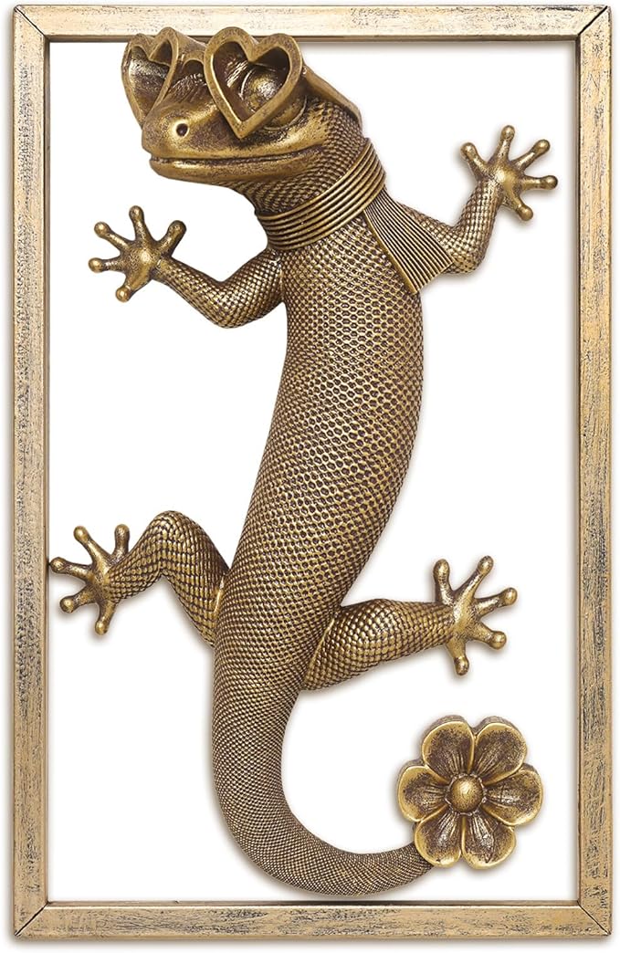 Newinhome Animal Heads Wall Decor (Includes Metal Frame) Resin Animals Sculptures Head Wall Hanging Decoration Gold vintage Wall Sculpture for Living Room Bedroom Office(Lizard)
